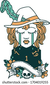 Retro Tattoo Style crying human druid character with natural one D20 roll