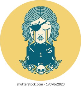 Estilo del tatuaje retro Llanto especie humana con un d20 rodillo natural