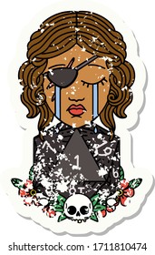 Retro Tattoo Style crying human rogue with natural one d20 roll