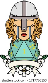Retro Tattoo Style crying human fighter with natural one D20 dice