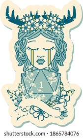 Retro Tattoo Style crying human druid with D20 natural one roll
