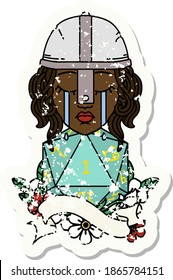 Retro Tattoo Style crying human fighter with natural one D20 roll