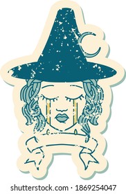 Retro Tattoo Style crying human witch with banner