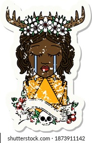 Retro Tattoo Style crying human druid with natural one d20 roll