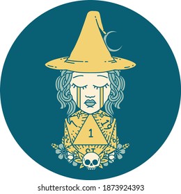 Retro Tattoo Style crying human witch with natural one D20 dice roll