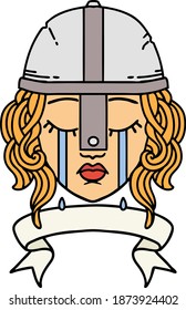 Retro Tattoo Style crying human fighter character with banner