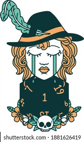 Retro Tattoo Style crying human bard with natural one D20 dice roll