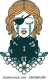 Retro Tattoo Style crying human rogue with natural one d20 roll