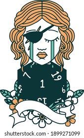Retro Tattoo Style crying human rogue with natural one D20 roll