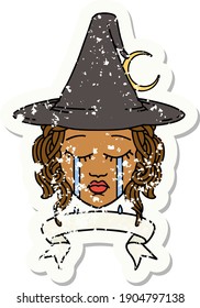 Retro Tattoo Style crying human witch with banner
