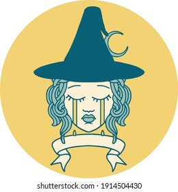 Retro Tattoo Style crying human witch with banner