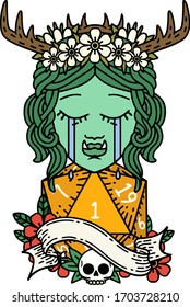 Retro Tattoo Style crying orc druid character face with natural one D20 roll
