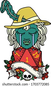 Retro Tattoo Style crying orc bard character with natural one D20 roll