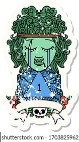 Retro Tattoo Style crying orc barbarian character with natural one D20 roll
