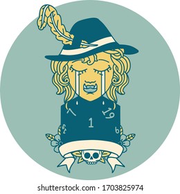 Retro Tattoo Style crying orc bard character with natural one D20 roll
