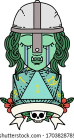 Retro Tattoo Style crying orc fighter character with natural one D20 roll
