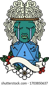 Retro Tattoo Style crying orc barbarian character face with natural one roll