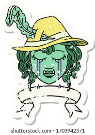 Retro Tattoo Style crying orc bard character with banner