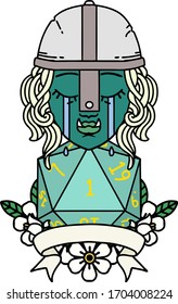 Retro Tattoo Style crying orc fighter character with natural one D20 roll
