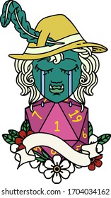 Retro Tattoo Style crying orc bard character with natural one D20 roll