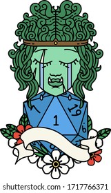 Retro Tattoo Style crying orc barbarian character face with natural one roll