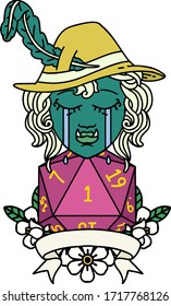 Tatuaje retro Carácter de barba orco llorando con un D20 natural rollo