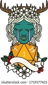 Retro Tattoo Style crying orc barbarian character face with natural one D20 roll