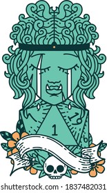 Retro Tattoo Style crying orc barbarian character face with natural one D20 roll