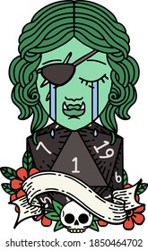 Retro Tattoo Style crying orc rogue character face with natural one D20 roll