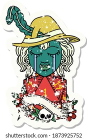 Retro Tattoo Style crying orc bard character with natural one D20 roll