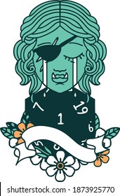Retro Tattoo Style crying orc rogue character face with natural one d20 dice roll
