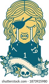 Retro Tattoo Style crying orc rogue character face with natural one D20 roll