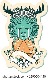 Retro Tattoo Style crying orc barbarian character face with natural one D20 roll