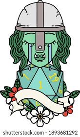 Retro Tattoo Style crying orc fighter character face with natural one d20 roll