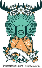 Retro Tattoo Style crying orc druid character face with natural one D20 roll