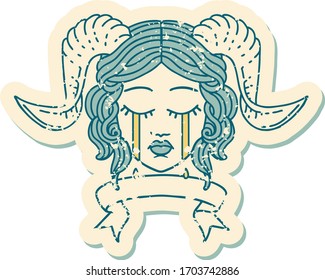 Retro Tattoo Style crying tiefling with scroll banner