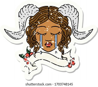 Retro Tattoo Style crying tiefling character face with scroll banner