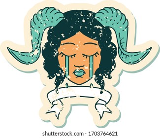 Retro Tattoo Style crying tiefling character face with scroll banner