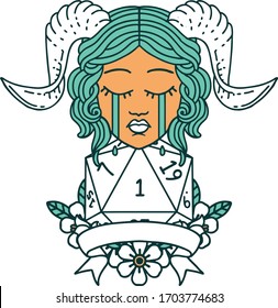 Retro Tattoo Style crying tiefling face with natural 1 D20 Dice