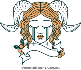 Retro Tattoo Style crying tiefling character face with scroll banner