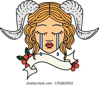 Retro Tattoo Style crying tiefling character face with scroll banner