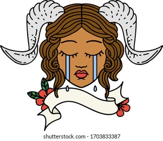 Retro Tattoo Style crying tiefling character face with scroll banner