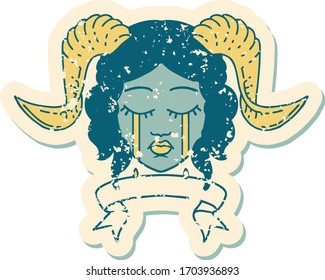 Retro Tattoo Style crying tiefling character face with scroll banner