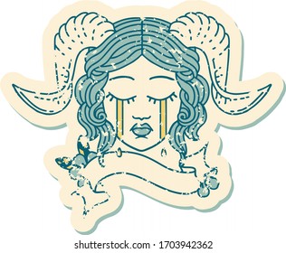 Retro Tattoo Style crying tiefling character face with scroll banner
