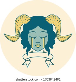 Retro Tattoo Style crying tiefling character face with scroll banner