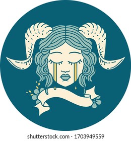 Retro Tattoo Style crying tiefling character face with scroll banner