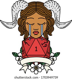 Retro Tattoo Style crying tiefling with natural one D20 dice roll