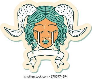 Retro Tattoo Style crying tiefling character face with scroll banner