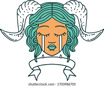 Retro Tattoo Style crying tiefling character face with scroll banner