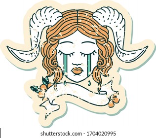 Retro Tattoo Style crying tiefling character face with scroll banner